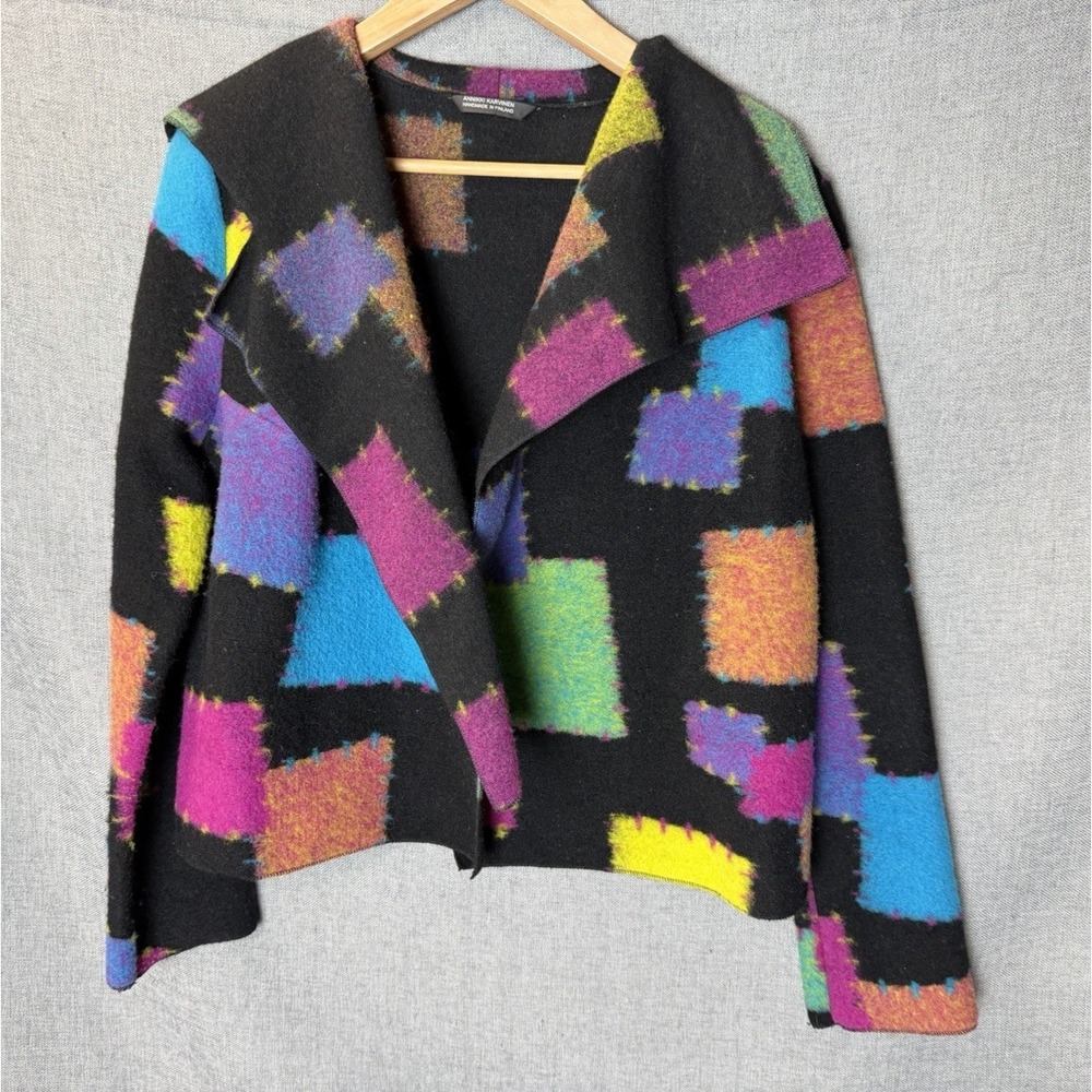 Vintage ANNIKKI KARVINEN XS Wool Jacket HandMade Finland Patch Print Art to Wear